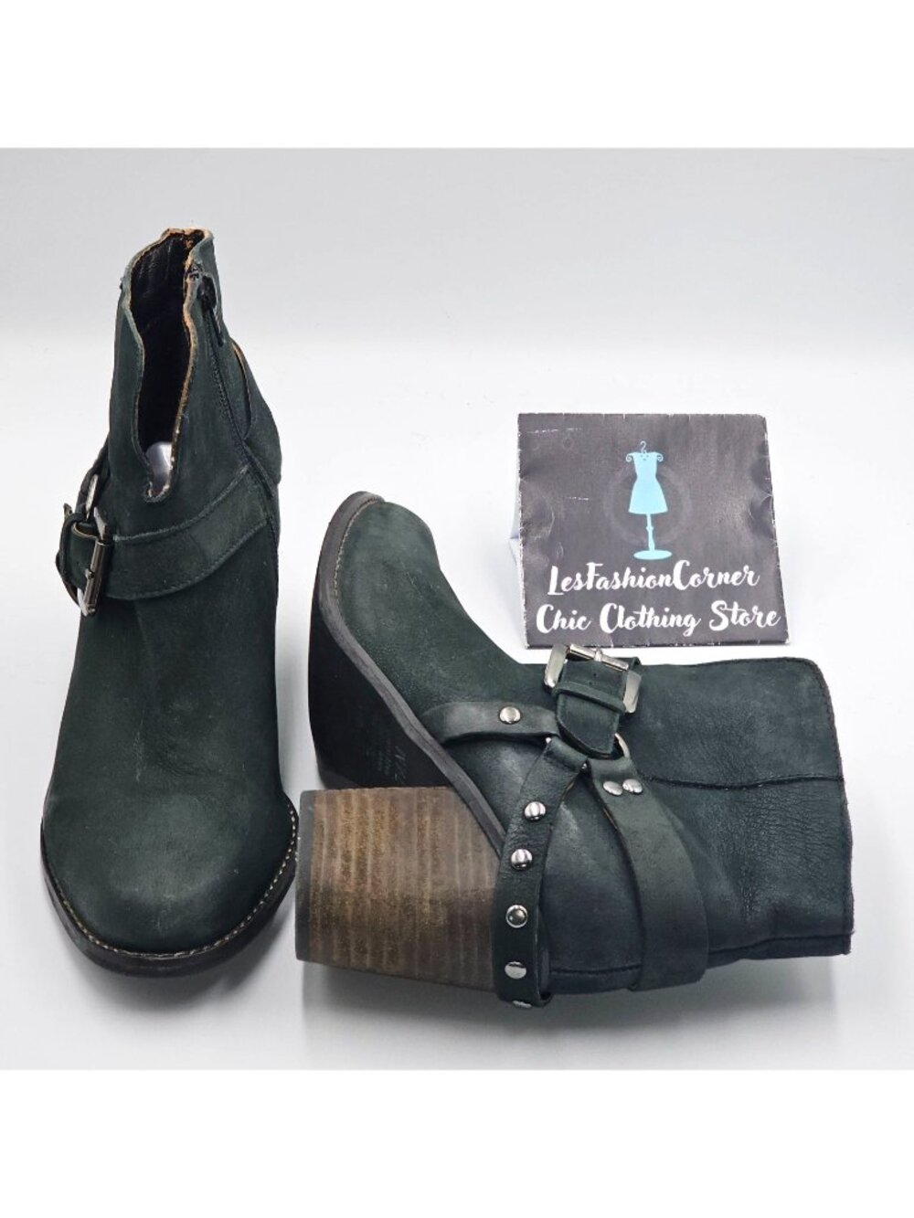 Matisse Women's Gray Leather Harney Heeled Ankle Boots Studded Strap Sz7.5 2919 - Picture 9 of 16